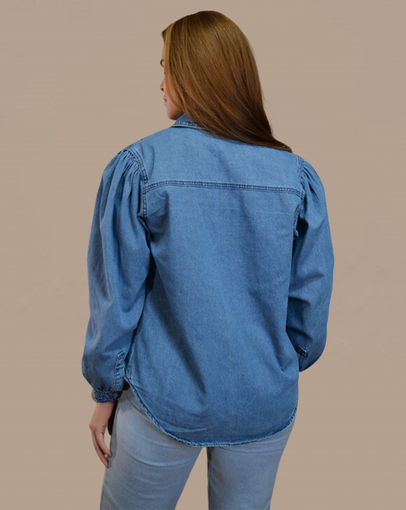 Camisa Jeans Feminina Manga Prega