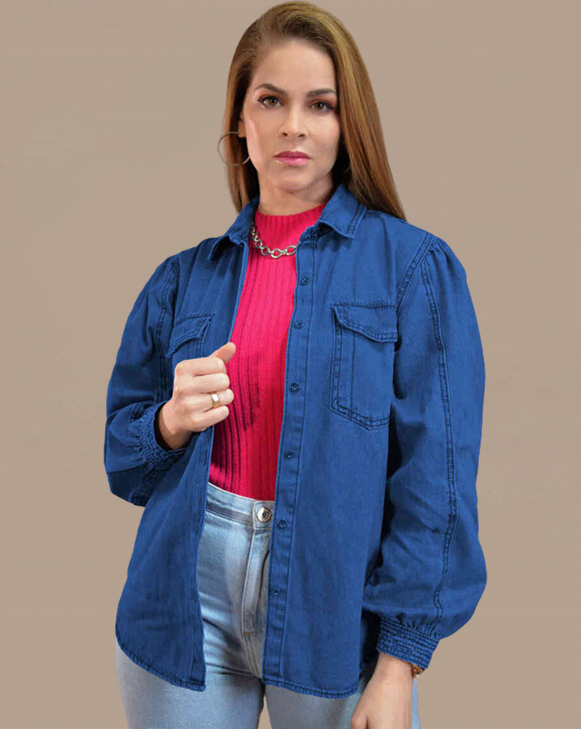 Camisa Jeans Feminina Manga Prega