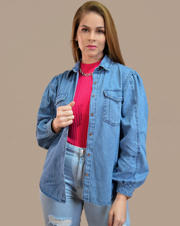 Camisa Jeans Feminina Manga Prega