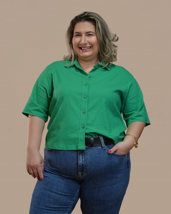 Camisa Cropped Em Linho Com Botão